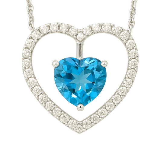 Moissanite & Swiss Blue Topaz Heart Necklace – 925 Silver, 6mm