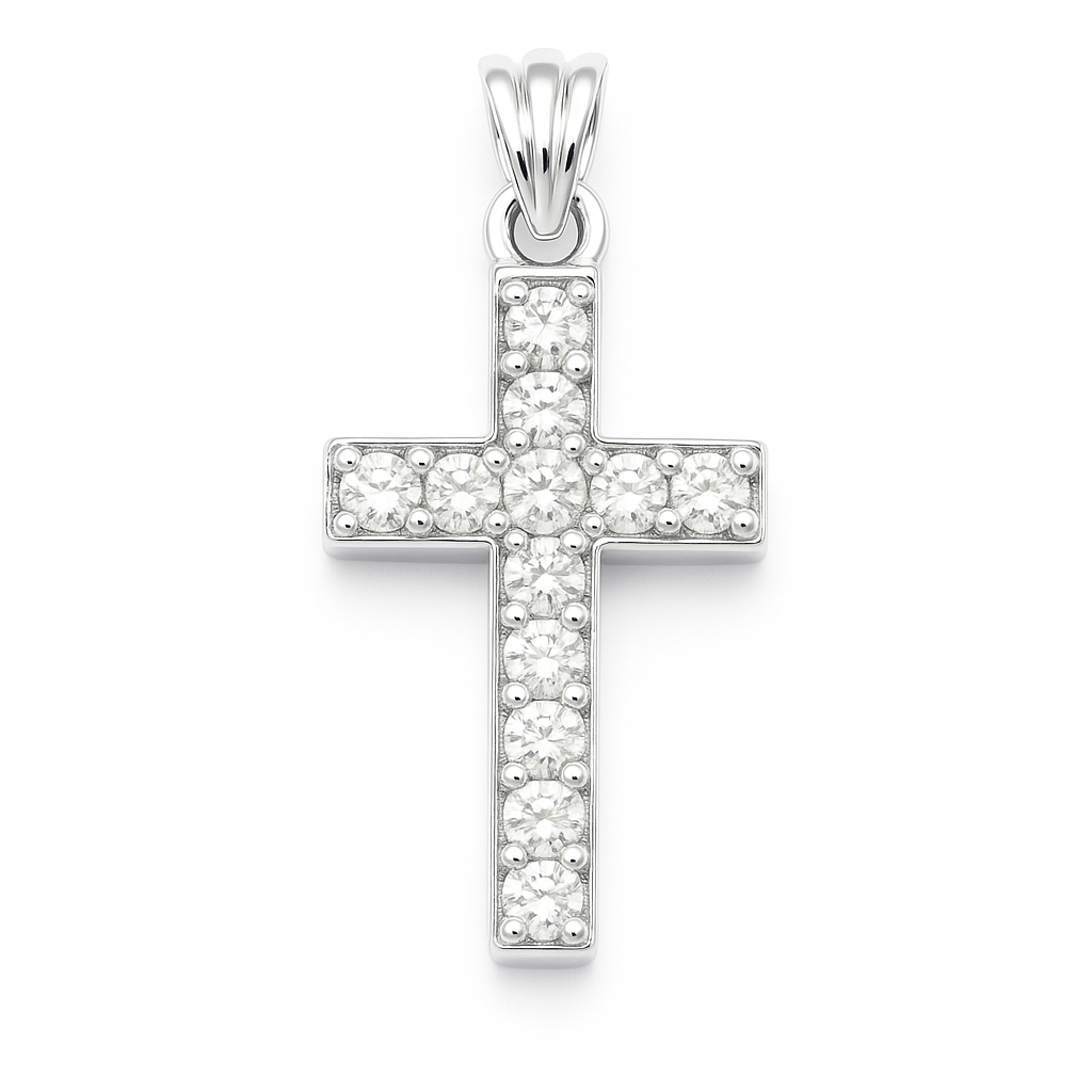 Moissanite Cross Pendant With Chain – White Gold Plated 925 Silver.