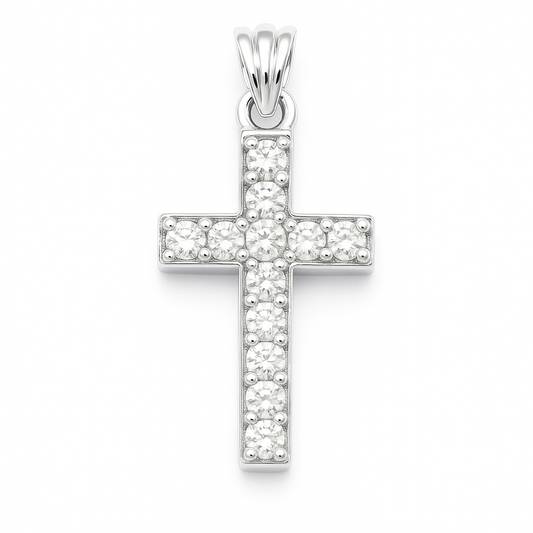 Moissanite Cross Pendant With Chain – White Gold Plated 925 Silver.