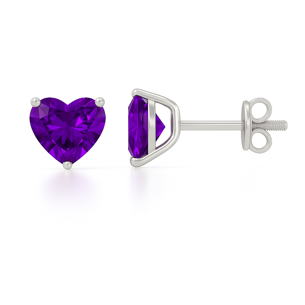Romantic amethyst heart stud earrings with 6 mm heart gemstones in white gold-plated 925 silver. Elegant sparkle and hypoallergenic. Available at BSI Jewelry.