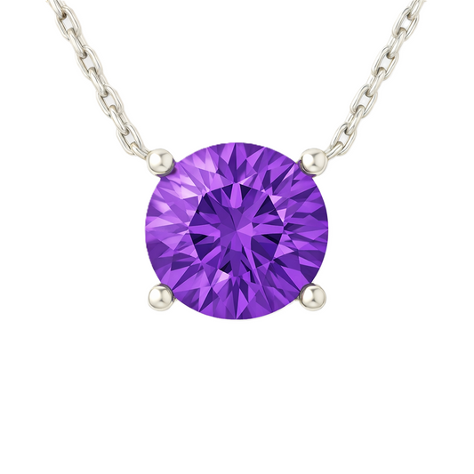 Amethyst necklace with a 6 mm round-cut gemstone in white gold-plated 925 silver. Soft, elegant, and perfect for daily wear. Available now at BSI Jewelry.