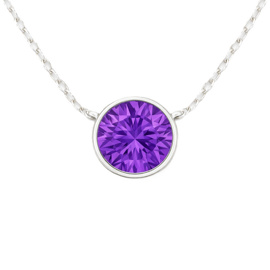 Amethyst necklace with a 6 mm round in white gold-plated 925 silver. Elegant, hypoallergenic, and refined for daily wear. Available now at BSI Jewelry.
