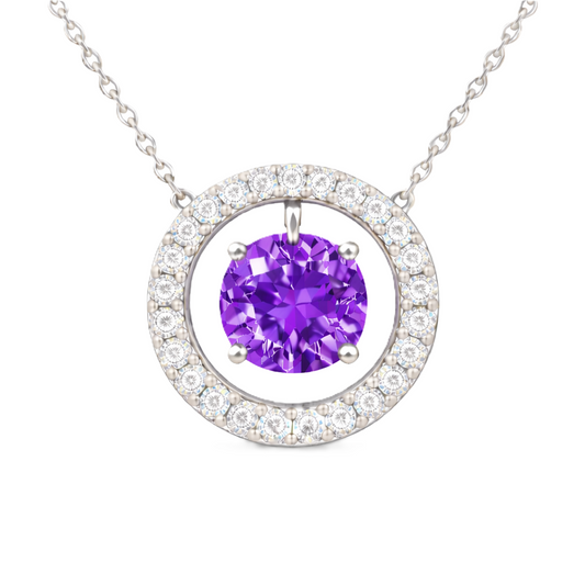 Amethyst necklace with a 6 mm round gemstone and moissanite halo in white gold-plated 925 silver. Elegant and radiant. Available now at BSI Jewelry.