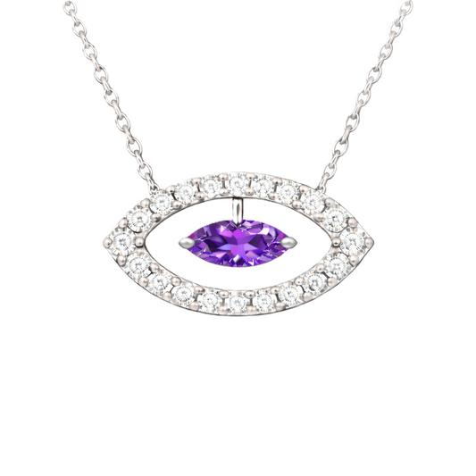 Amethyst necklace with a 7×3.5 mm marquise-cut in white gold-plated 925 silver with moissanite accents. Elegant for daily wear. Available now at BSI Jewelry.