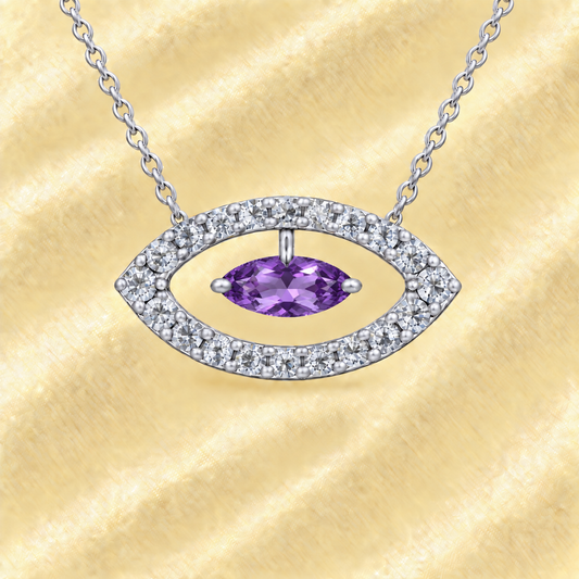Amethyst necklace with a 7×3.5 mm marquise-cut in white gold-plated 925 silver with moissanite accents. Elegant for daily wear. Available now at BSI Jewelry.