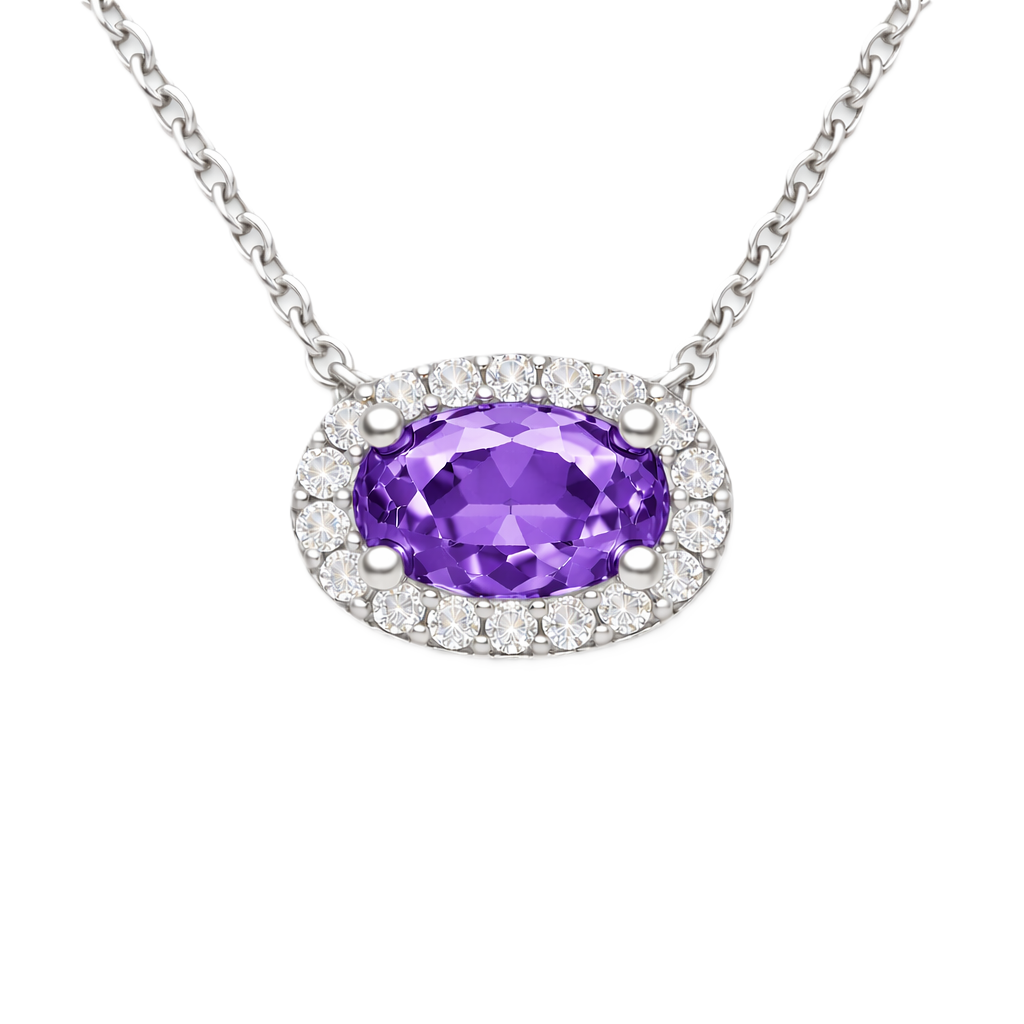 Amethyst necklace with a 7×4 mm oval in white gold-plated 925 silver, accented with moissanite. Elegant and refined for daily wear. Available now at BSI Jewelry.