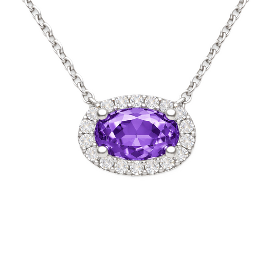 Amethyst necklace with a 7×4 mm oval in white gold-plated 925 silver, accented with moissanite. Elegant and refined for daily wear. Available now at BSI Jewelry.