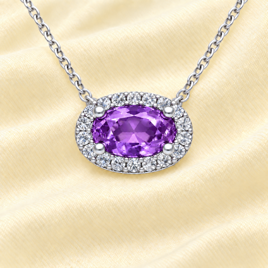 Amethyst necklace with a 7×4 mm oval in white gold-plated 925 silver, accented with moissanite. Elegant and refined for daily wear. Available now at BSI Jewelry.