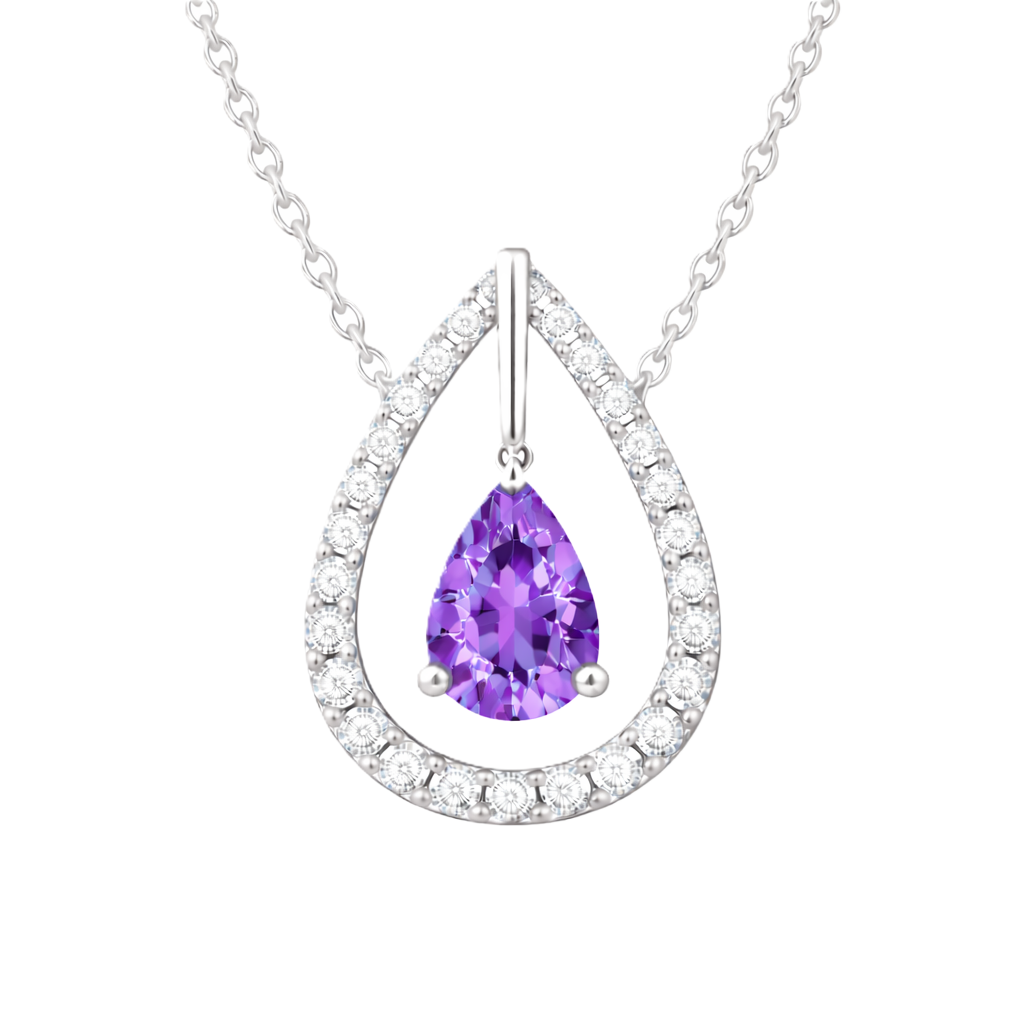 Amethyst necklace with a 7×5 mm pear-cut in white gold-plated 925 silver, accented by a moissanite halo. Elegant and refined. Available now at BSI Jewelry.