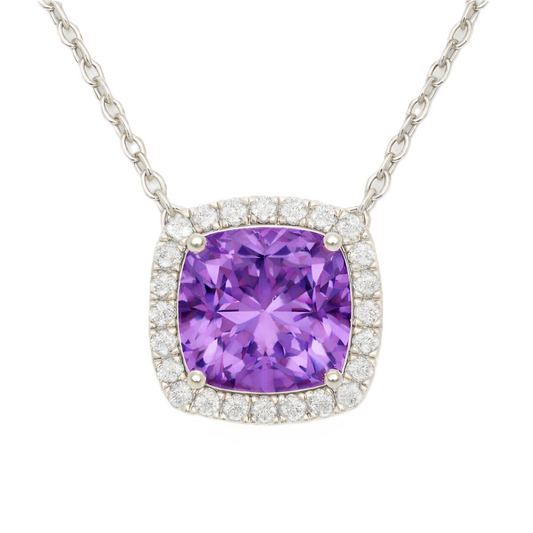 Amethyst necklace with an 8 mm cushion in white gold-plated 925 silver, accented with moissanite. Elegant for daily wear. Available now at BSI Jewelry.