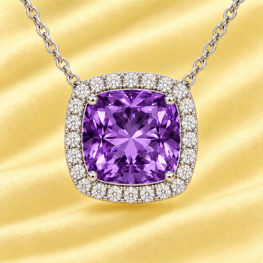 Amethyst necklace with an 8 mm cushion in white gold-plated 925 silver, accented with moissanite. Elegant for daily wear. Available now at BSI Jewelry.