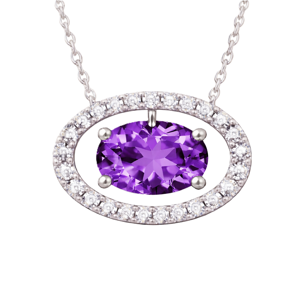 Amethyst necklace with an 8×5 mm oval gemstone in white gold-plated 925 silver, accented with moissanite. Elegant for daily wear. Available now at BSI Jewelry.