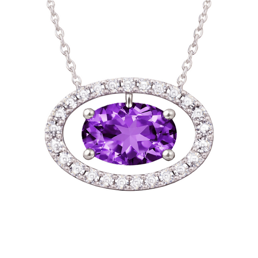 Amethyst necklace with an 8×5 mm oval gemstone in white gold-plated 925 silver, accented with moissanite. Elegant for daily wear. Available now at BSI Jewelry.