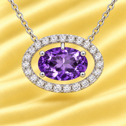 Amethyst necklace with an 8×5 mm oval gemstone in white gold-plated 925 silver, accented with moissanite. Elegant for daily wear. Available now at BSI Jewelry.