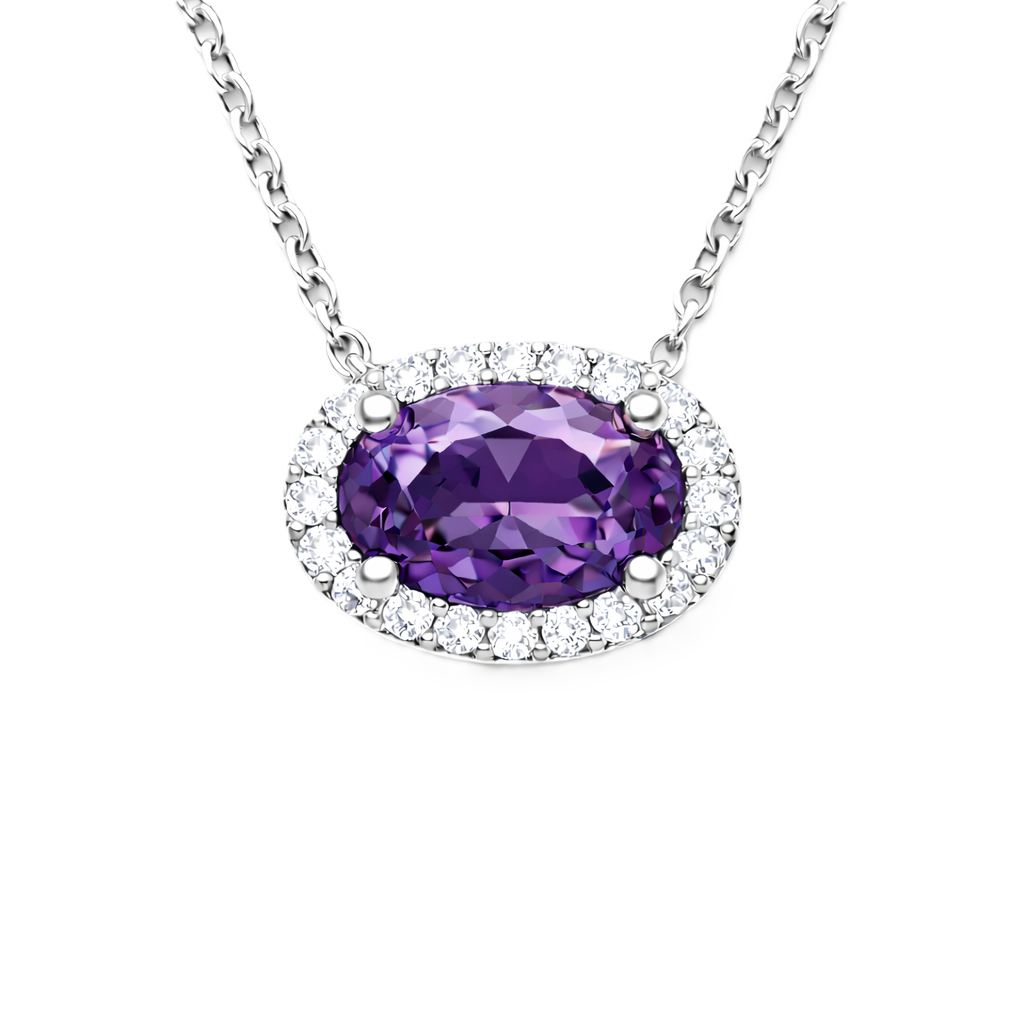 Amethyst necklace with 8×5 mm oval gemstone in white gold-plated 925 silver, accented with moissanite. Rich and elegant. Available now at BSI Jewelry.