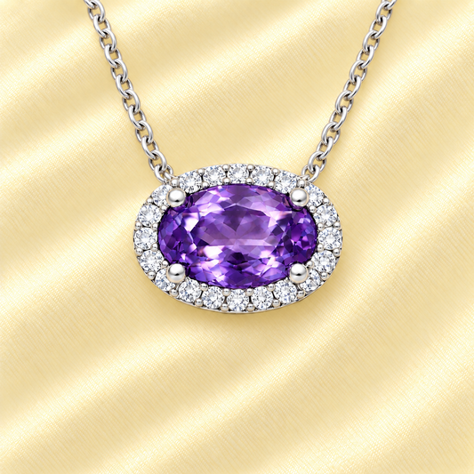 Amethyst necklace with 8×5 mm oval gemstone in white gold-plated 925 silver, accented with moissanite. Rich and elegant. Available now at BSI Jewelry.