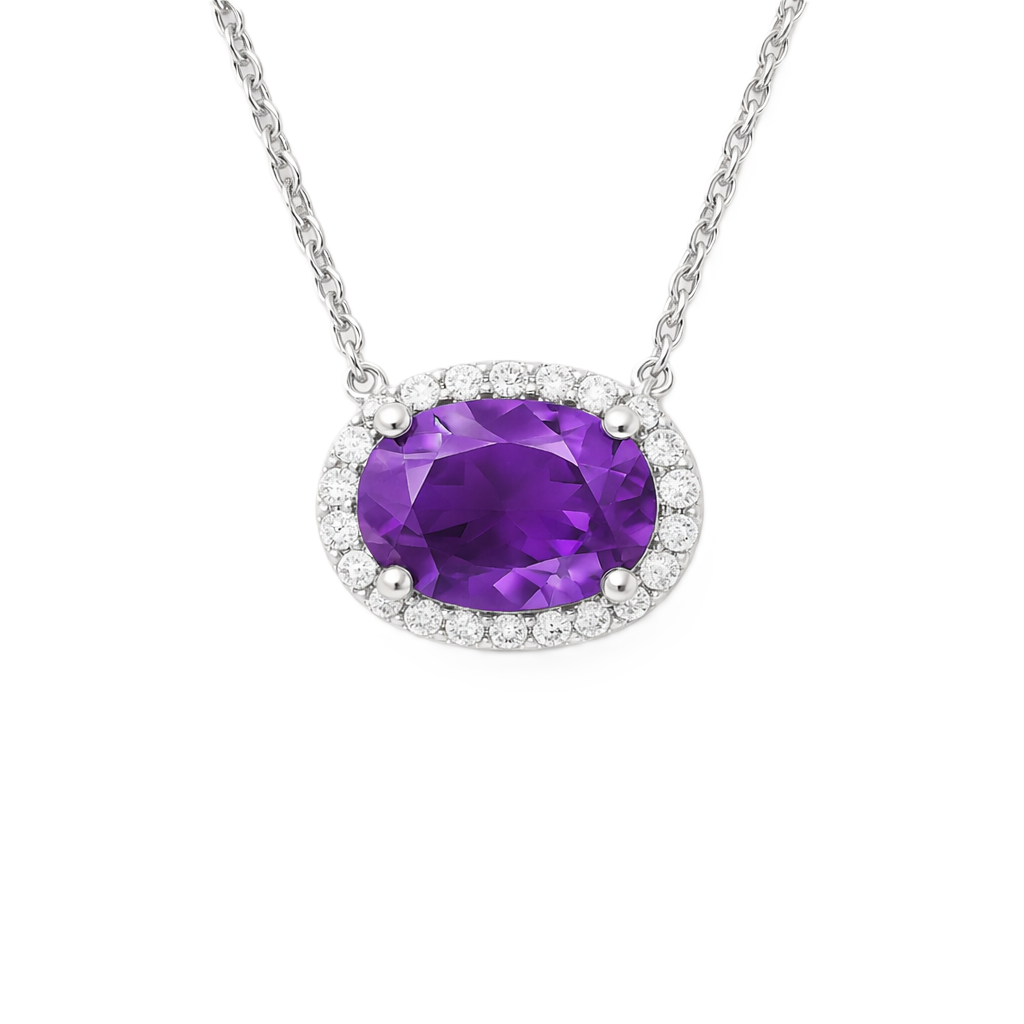 Moissanite and amethyst necklace with 9×7 mm oval gemstone in white gold-plated 925 silver with moissanite. Rich and elegant. Available now at BSI Jewelry.