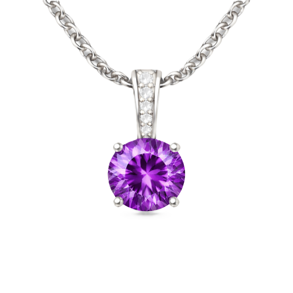 Amethyst pendant with a 6 mm round cut, set in white gold-plated 925 silver. Calm, elegant, and refined for daily wear. Available now at BSI Jewelry.