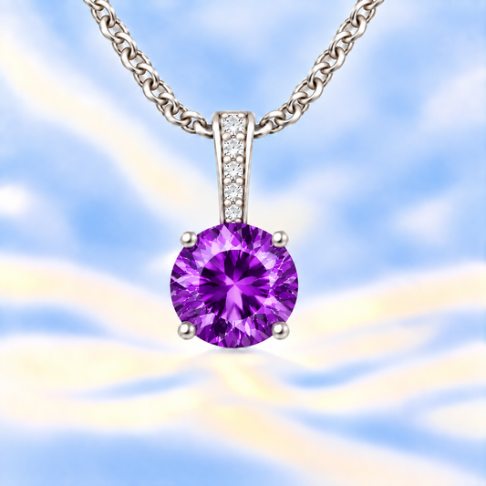Amethyst pendant with a 6 mm round cut, set in white gold-plated 925 silver. Calm, elegant, and refined for daily wear. Available now at BSI Jewelry.