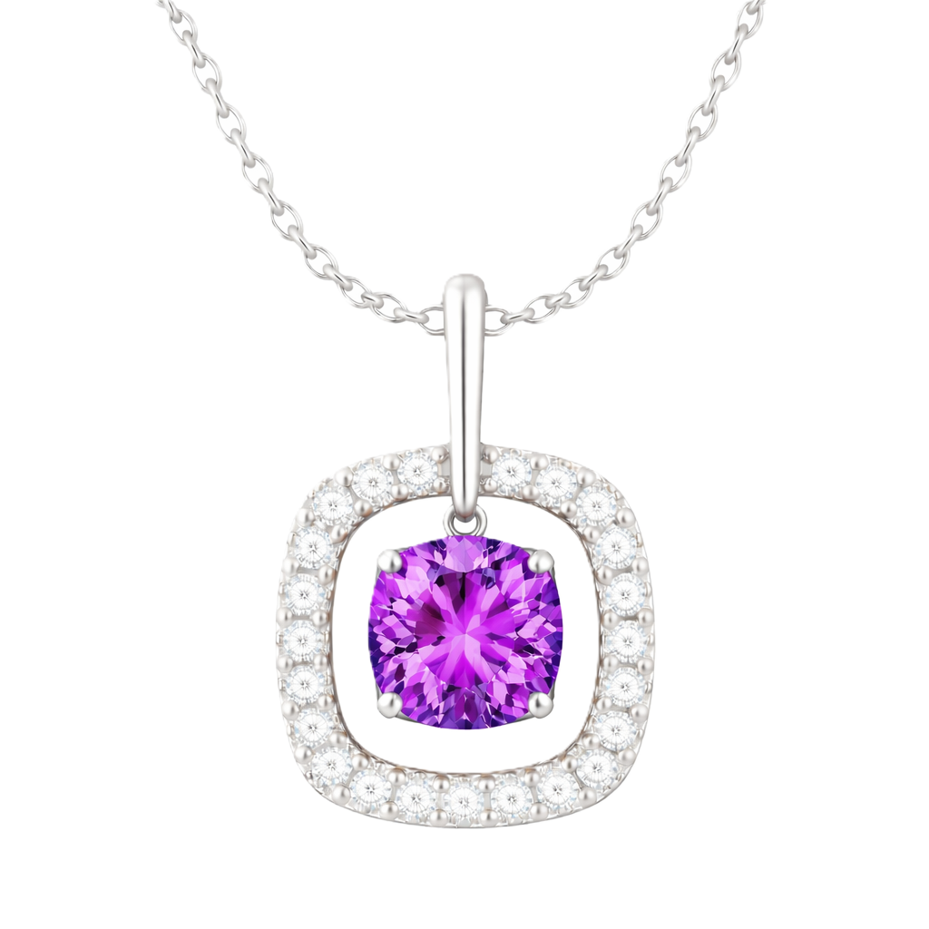 Amethyst pendant with a 7 mm cushion-cut in white gold-plated 925 silver, accented by a moissanite halo. Elegant and refined. Available now at BSI Jewelry.