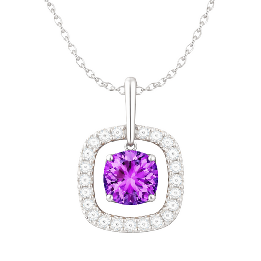 Amethyst pendant with a 7 mm cushion-cut in white gold-plated 925 silver, accented by a moissanite halo. Elegant and refined. Available now at BSI Jewelry.