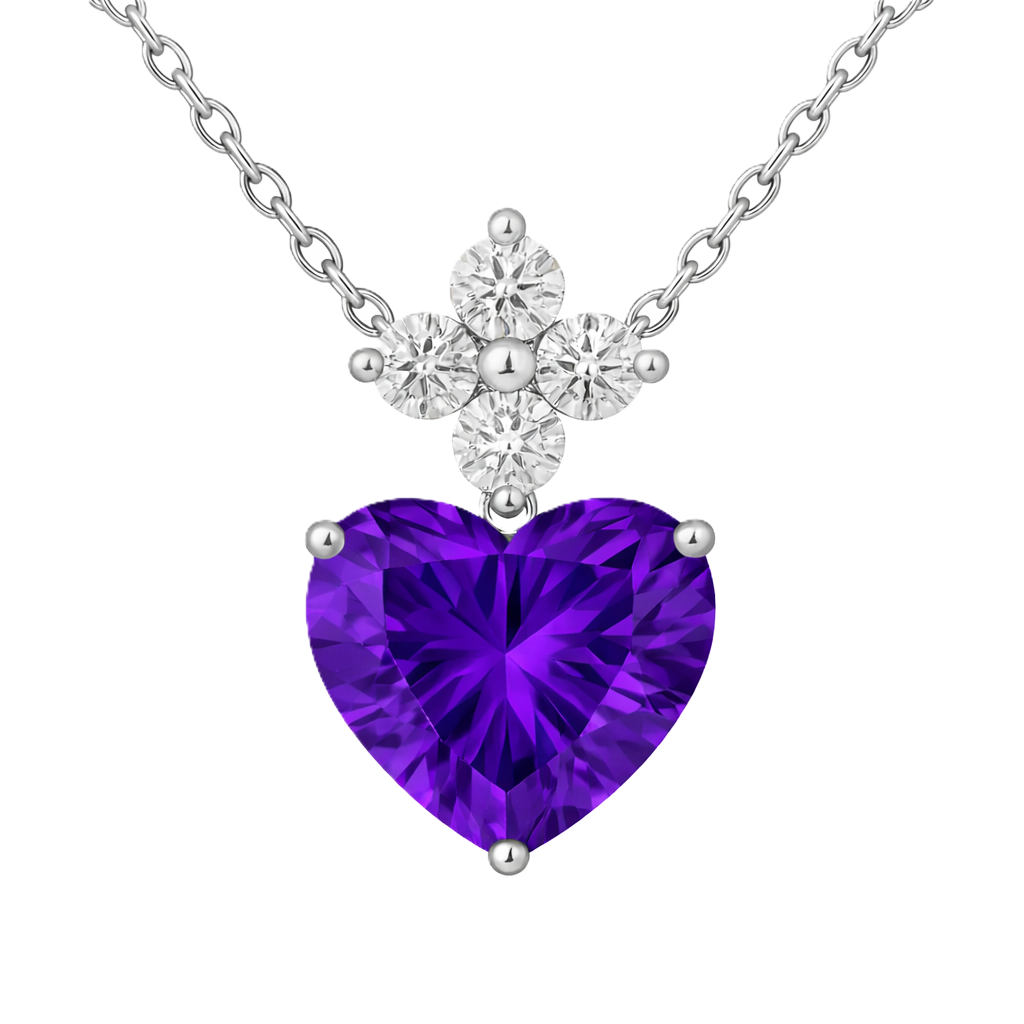 Radiant 7mm heart-cut Amethyst pendant with Moissanite accents in white-gold-plated 925 silver. Bold elegance with refined brilliance. Available at BSI Jewelry.