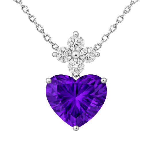 Radiant 7mm heart-cut Amethyst pendant with Moissanite accents in white-gold-plated 925 silver. Bold elegance with refined brilliance. Available at BSI Jewelry.