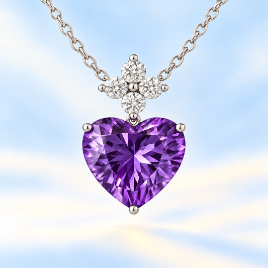 Radiant 7mm heart-cut Amethyst pendant with Moissanite accents in white-gold-plated 925 silver. Bold elegance with refined brilliance. Available at BSI Jewelry.