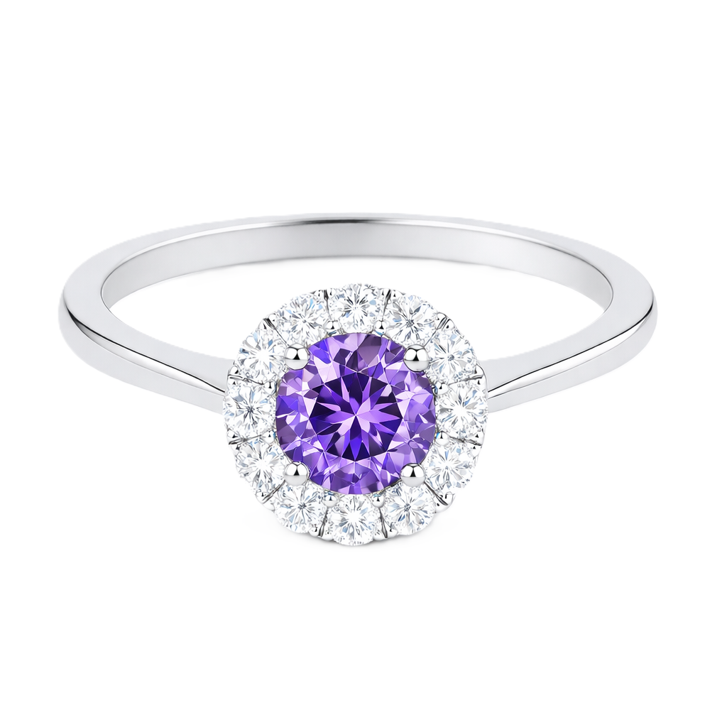 Amethyst ring with a 4.50 mm round-cut in white gold-plated 925 silver, accented with moissanite for elegant purple brilliance. Available now at BSI Jewelry.