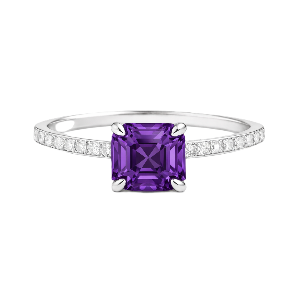 Amethyst ring with a 6 mm Asscher-cut in white gold-plated 925 silver, accented with moissanite and elegant purple brilliance. Available now at BSI Jewelry.