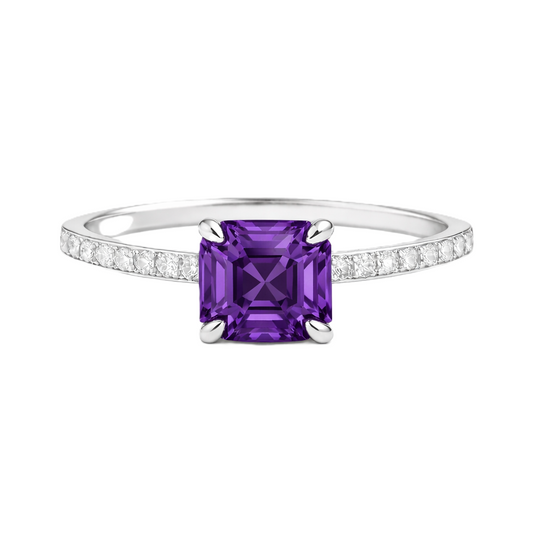 Amethyst ring with a 6 mm Asscher-cut in white gold-plated 925 silver, accented with moissanite and elegant purple brilliance. Available now at BSI Jewelry.