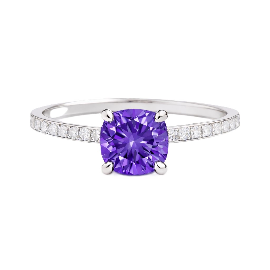 Amethyst ring with a 6 mm cushion in white gold-plated 925 silver, accented with moissanite. Fresh and elegant for daily wear. Available now at BSI Jewelry.