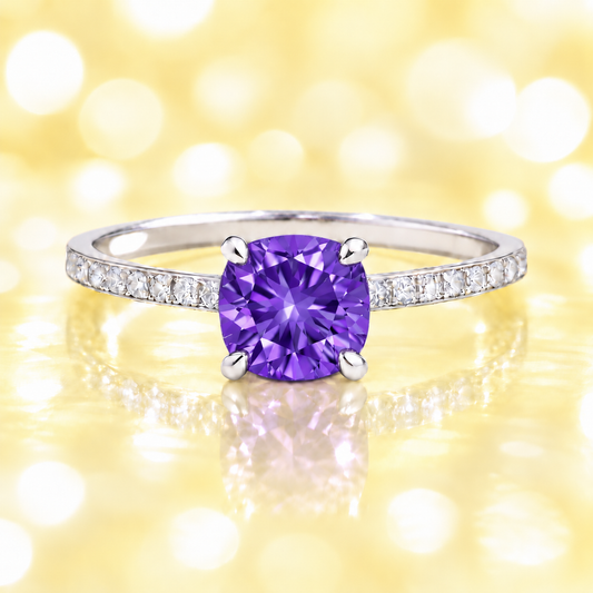 Amethyst ring with a 6 mm cushion in white gold-plated 925 silver, accented with moissanite. Fresh and elegant for daily wear. Available now at BSI Jewelry.