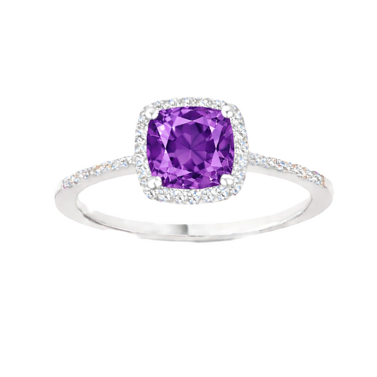 Amethyst ring with a 6 mm cushion-cut center in white gold-plated 925 silver, accented with moissanite for elegant sparkle. Available now at BSI Jewelry.