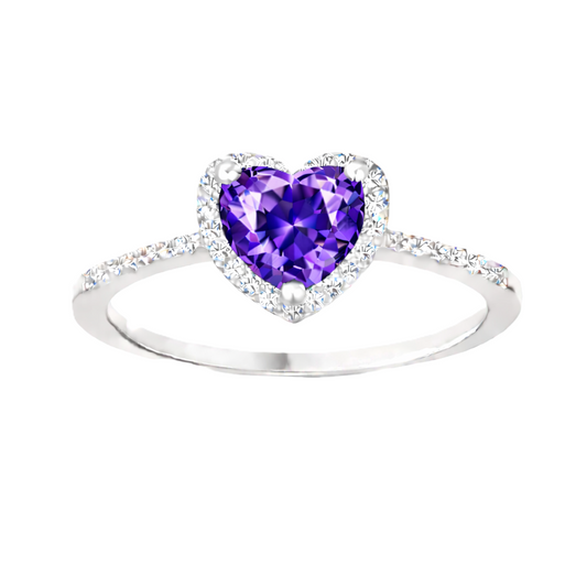 Amethyst ring with a 6 mm heart cut, crafted in white gold-plated 925 silver and accented with moissanite. Available now at BSI Jewelry.