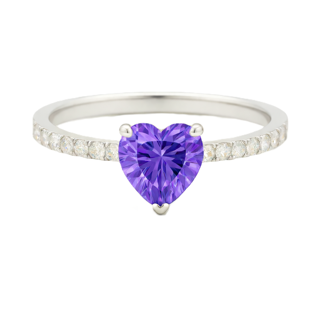 Amethyst ring with a 6 mm heart in white gold-plated 925 silver, with moissanite. Romantic and elegant for daily wear. Available now at BSI Jewelry.