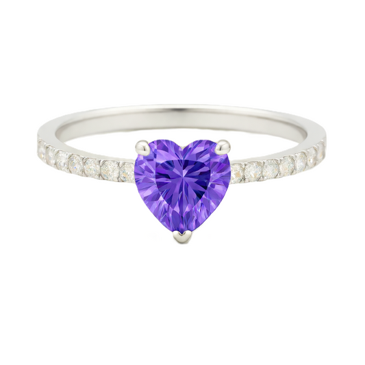 Amethyst ring with a 6 mm heart in white gold-plated 925 silver, with moissanite. Romantic and elegant for daily wear. Available now at BSI Jewelry.