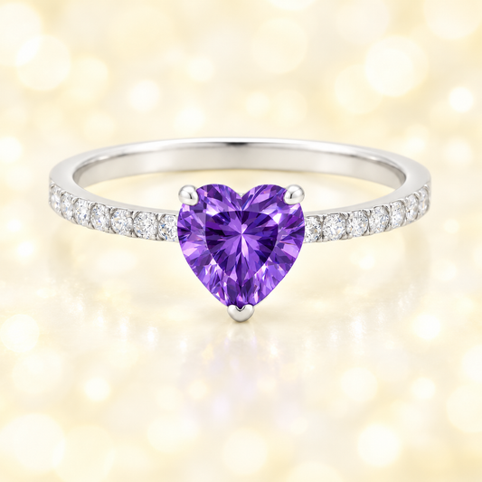 Amethyst ring with a 6 mm heart in white gold-plated 925 silver, with moissanite. Romantic and elegant for daily wear. Available now at BSI Jewelry.