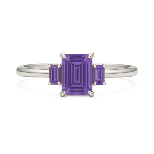 Romantic amethyst ring with 6×4 mm and 4×2 mm emerald-cut stones in white gold-plated 925 silver with palladium alloy. Graceful and refined. Now at BSI Jewelry.