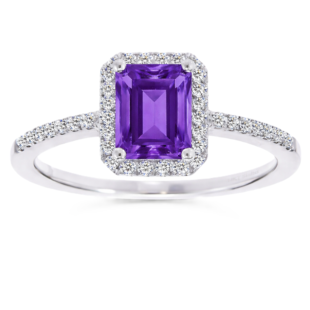 Amethyst ring with a 7×5 mm emerald cut, with moissanite in white gold-plated 925 silver. Elegant and timeless for daily wear. Available now at BSI Jewelry.