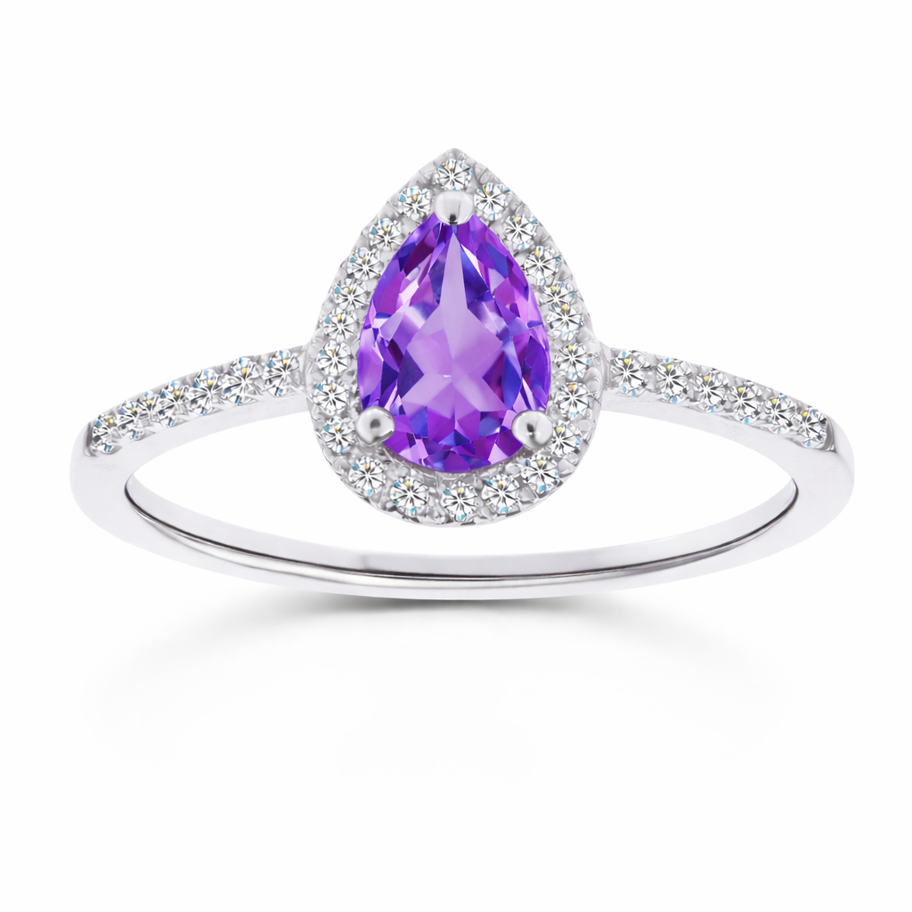 Amethyst ring with a 7×5 mm pear cut, with moissanite in white gold-plated 925 silver. Elegant and timeless for daily wear. Available now at BSI Jewelry.