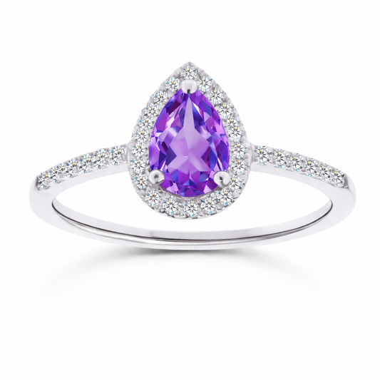 Amethyst ring with a 7×5 mm pear cut, with moissanite in white gold-plated 925 silver. Elegant and timeless for daily wear. Available now at BSI Jewelry.