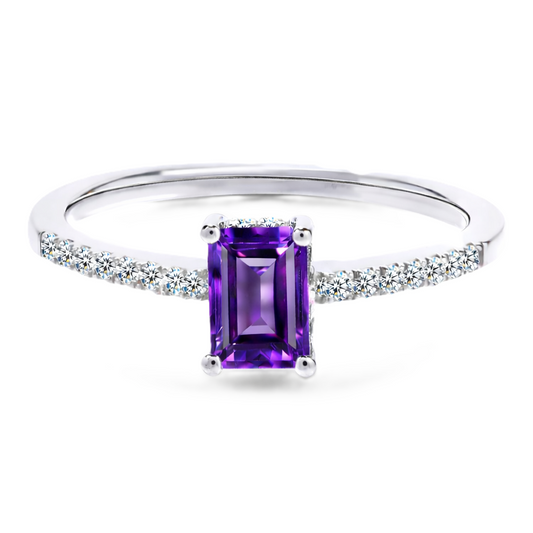 Amethyst ring with a 7×5 mm emerald cut in white gold-plated 925 silver, with moissanite. Elegant and refined for daily wear. Available now at BSI Jewelry.
