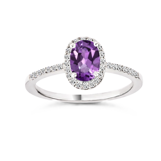 Amethyst ring with a 7×5 mm oval-cut in white gold-plated 925 silver, accented with moissanite. Elegant and refined for daily wear. Available now at BSI Jewelry.