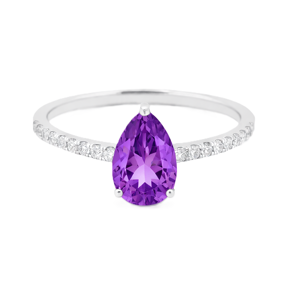 Amethyst ring with a 7×5 mm pear-cut stone and moissanite accents in white gold plated 925 silver. Elegant for daily wear. Available now at BSI Jewelry.