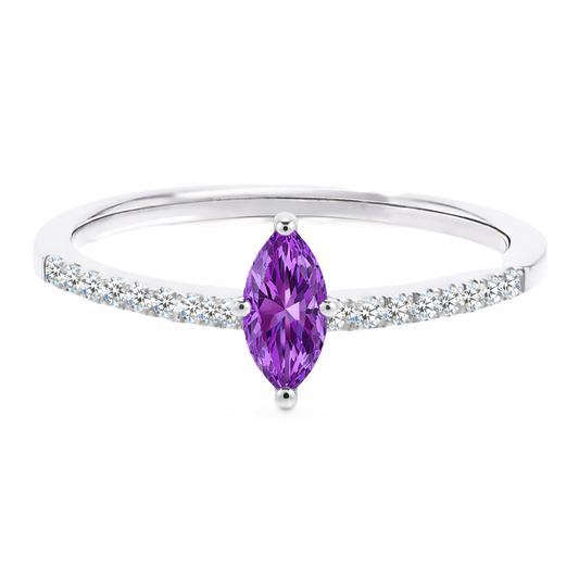 Amethyst ring with an 8×4 mm marquise-cut stone, accented by moissanite in white gold-plated 925 silver. Elegant and timeless. Available now at BSI Jewelry.