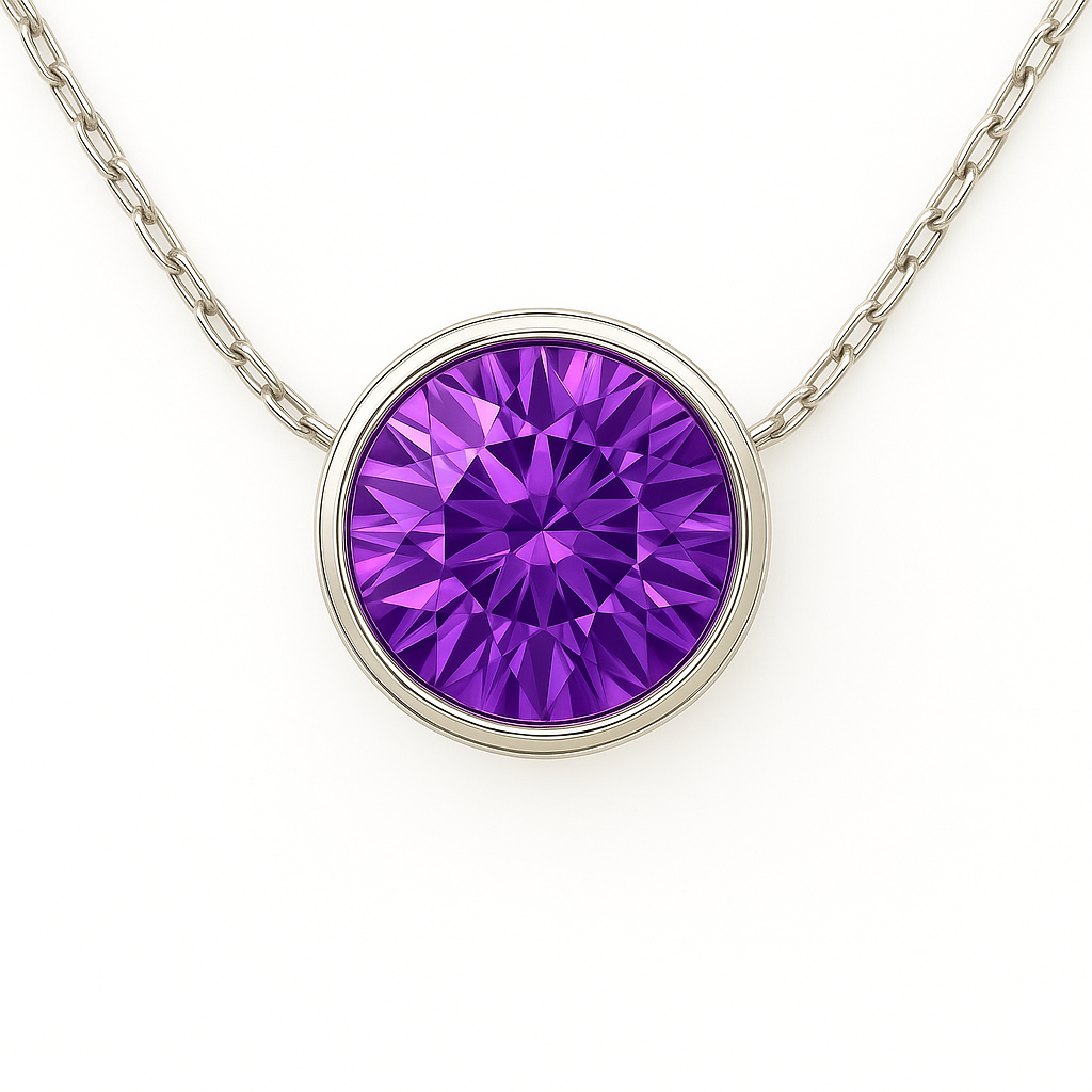 Elegant amethyst solitaire necklace with a 6 mm round brilliant-cut gemstone in white gold-plated 925 silver. Radiant, hypoallergenic. Available at BSI Jewelry.