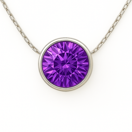 Elegant amethyst solitaire necklace with a 6 mm round brilliant-cut gemstone in white gold-plated 925 silver. Radiant, hypoallergenic. Available at BSI Jewelry.