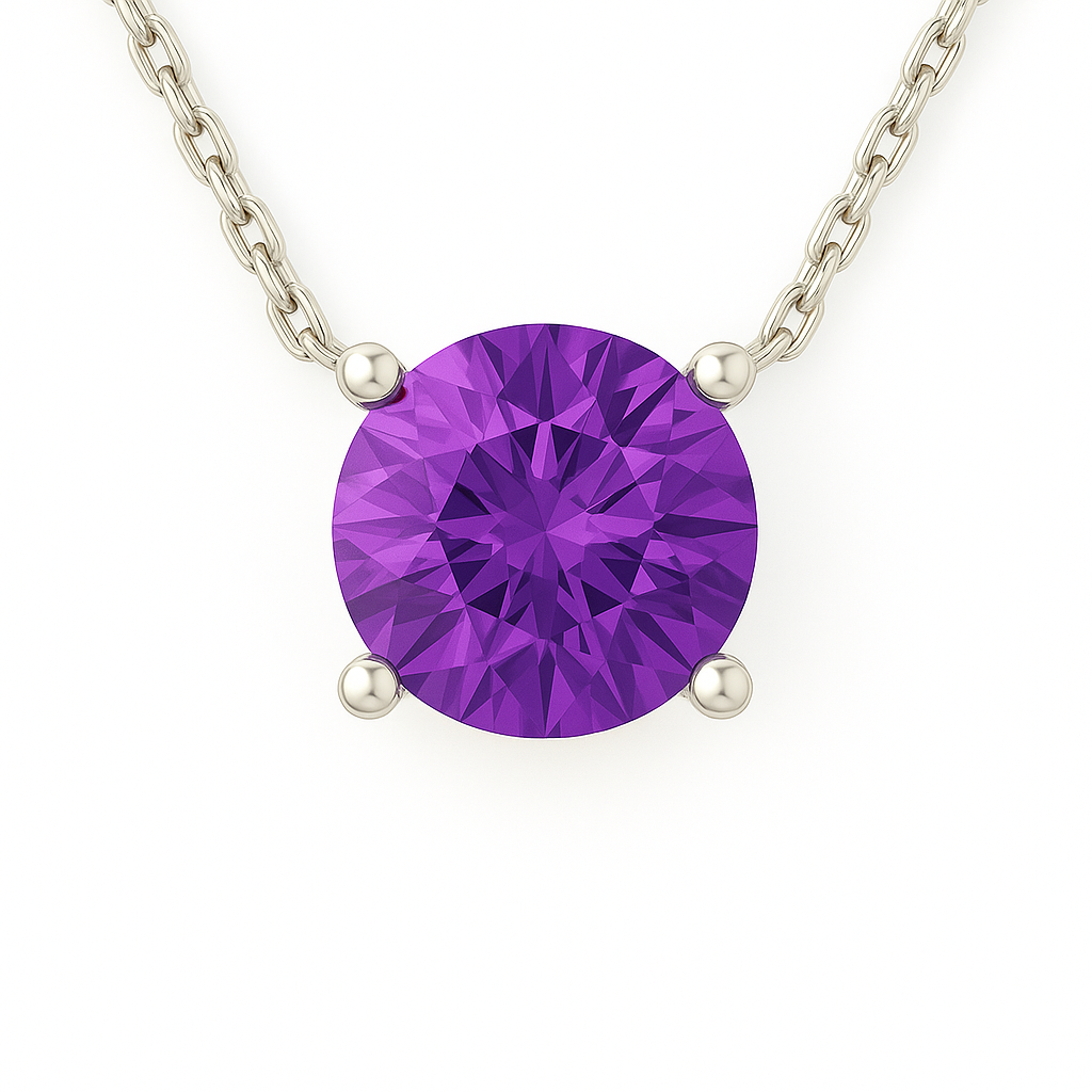 Amethyst solitaire necklace, 6mm round brilliant cut, crafted in white gold-plated 925 silver with palladium alloy hypoallergenic. Available now at BSI Jewelry.