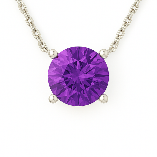 Amethyst solitaire necklace, 6mm round brilliant cut, crafted in white gold-plated 925 silver with palladium alloy hypoallergenic. Available now at BSI Jewelry.